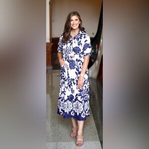 Beautiful Blue and White Floral Pattern Sunday Up  Dress